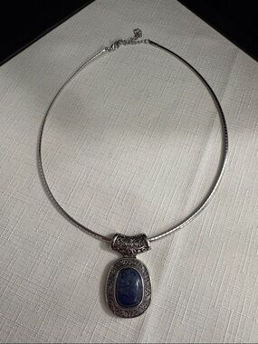 Silver-Tone Necklace with Dark Blue Stone Pendant
